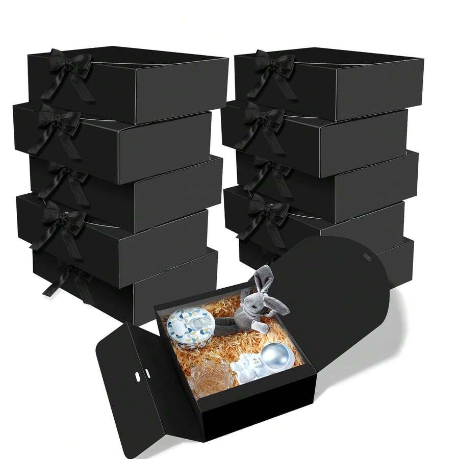 10pcs Black Gift Boxes With Lids, Groomsman Proposal Boxes, Luxury Black Gift Boxes With Ribbons, Suitable For Weddings, Birthdays, Parties, Graduations, Valentine's Day, Back To School And Other Occasions - Black - View 1