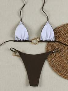 Polovedo Chegada Oficial Nova Primavera/Verão Casual Sexy Maiô Bikini Halter Cáqui, Roupa de Banho para Praia, Festa de Férias, Encontro - Caqui - Visão 2