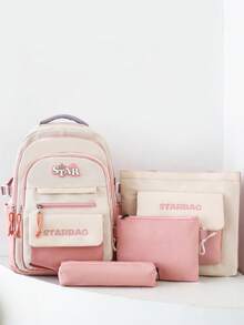 Minimalist Color-Block Soft-Touch Wrinkle-Resistant 4-Piece Set Backpack With Compartments, Wide Padded Shoulder Straps, Energetic Short Trip Travel Bag - Multicolor - View 9