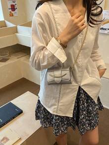 Spring/Summer Style, Simple And Practical Design, High-Quality Material. Decorated With Rhinestone Embroidery Gold Bead Chain Shoulder Strap, Can Be Worn On Shoulder Or Underarm, A Very Suitable Mini Lipstick Bag To Carry. - Silver - View 2