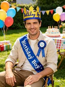 3pcs Birthday Men's Crown, Belt And Badge Set, Gold Glitter Crown, Blue Satin Belt, Badge Pin, Suitable For Adult Men's Birthday Party, Photo Props, Celebration Supplies - A - View 5