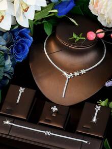 1 Set Silver Tone CZ Clover Lariat Tennis Chain Jewelry Set, Elegant Sparkling Matching Set For Date Nights & Formal Events - Silver - View 2