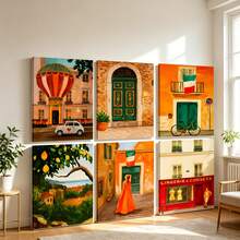 1/6pcs Italian Town Canvas Wall Art Posters, Room Home Decor Aesthetic Decorations, Optional Framed Wall Decor, Colorful European Street & Mediterranean Landscape Oil Painting Posters, Aesthetic Orange Green Gallery Wall Decor - Multicolor - View 7