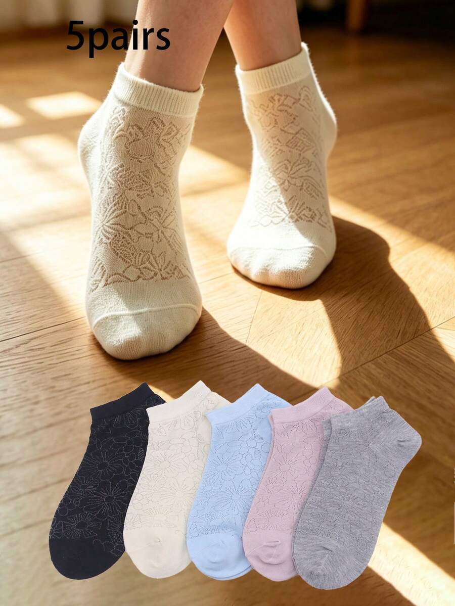 5 đôi tất nữ họa tiết hoa rỗng, tất cổ ngắn thoải mái, mềm mại, đa năng, thích hợp mang hàng ngày. - Nhiều màu - Xem 1