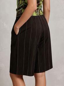Quần short Bermuda nữ mùa hè, kiểu dáng rộng rãi, thoải mái, phù hợp đi nghỉ mát và đi làm, với họa tiết sọc tương phản. - Màu nâu - Xem 3