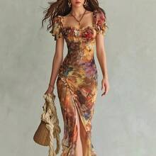 Women's Floral Print Chiffon Maxi Dress, Square Neck Puff Sleeve Bodycon Dress, Ruched Side Ruffle Hem Flowy Dress, Elegant Bohemian Vacation Party Dress, Sheer Chiffon Floral Print Evening Gown - Màu sắc hình ảnh - Xem 4