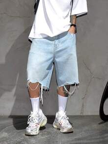 Men's Distressed Denim Shorts, Korean Style, Loose Fit Casual Mid-Thigh Length Shorts - Light Wash - View 6