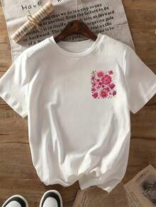 Plus Size - Plus Size - Dam vår/sommar avslappnad t-shirt med kort ärm och rund hals, bekväm och lös, med blommönster - ropa mujer - Vitt - Visa 2