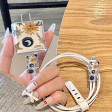 5合1套組：太陽與月亮羽毛圖案手機殼 + 充電頭保護套 + 線材保護套 + 收納繩，TPU防震保護殼，相容 iPhone 6/7/8/X/XS/XR/11/12/13/14/15/16 Pro Max，適合作為情侶、女友、女兒、青少年的生日或聖誕禮物 - 彩色 - 查看 3