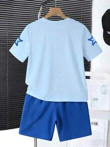 Young Boy Round Neck Letter Cartoon Print Short Sleeve T-Shirt And Shorts Casual Daily Set - Blue - View 2