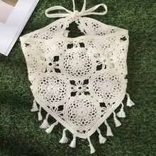 1 pièce Écharpe triangulaire beige en tricot ajouré à franges, pour voyager et les fêtes - Beige - View 5