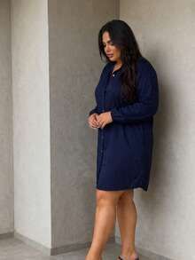 Plus Size Viscose Shirt Dress, Elegant, Lightweight, All Curve - 藏蓝色 - 查看 4