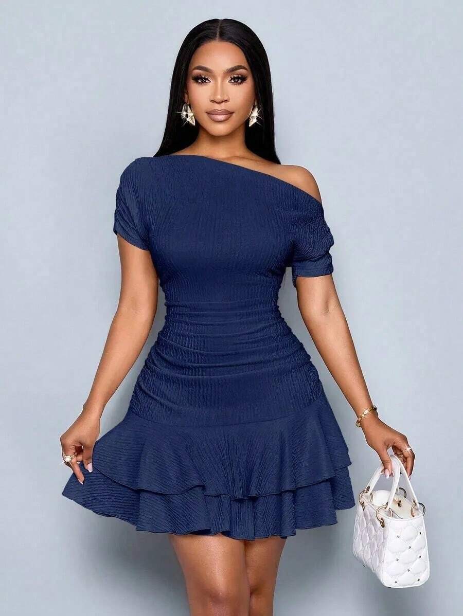 Women's One Shoulder Ruffle Dress Slim Fit Solid Color Elegant Stylish Summer Bodycon Midi Dress - Navy Blue - View 1