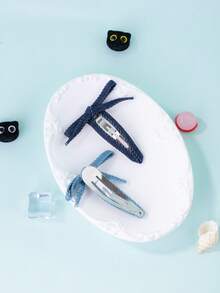 2 chiếc kẹp tóc nơ bằng vải denim, kẹp tóc mái mới, phụ kiện tóc - Xanh đậm - Xem 6