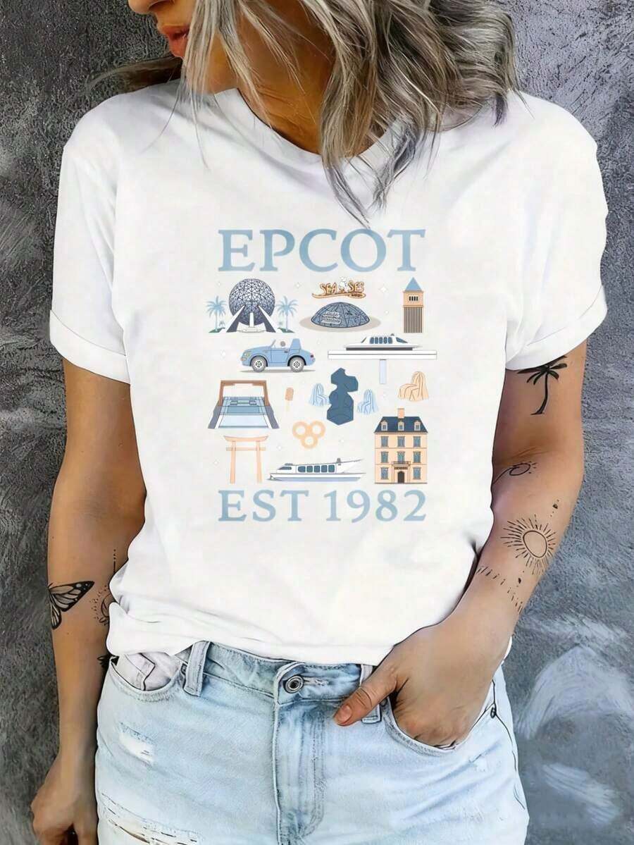 Nueva Camiseta Casual Estampada de Moda, Popular, Vintage con Estampado Gráfico EPCOT, Manga Corta, Cuello Redondo - Gris Claro, Top Casual para Mujer con Diseño Nostálgico, Lavable a Máquina, Ajuste Cómodo para Todas las Temporadas, Divertida Camiseta Estampada de Manga Corta con Cuello Redondo, Adecuada para: Eventos Deportivos/Fiestas de Vacaciones/Salidas/Deportes y Otros Regalos Festivos - Blanco - Ver 1