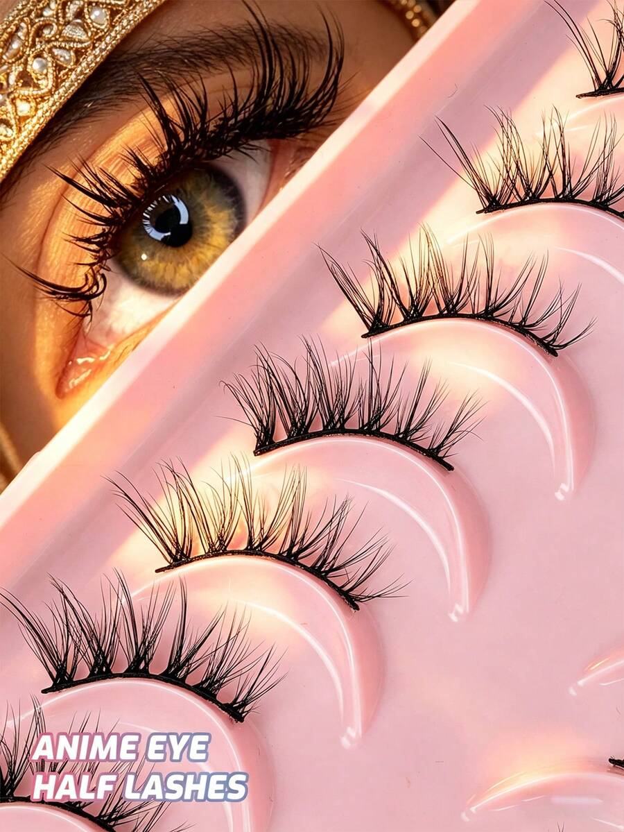 7 Pairs Mkhlina Natural Cat Eye Effect Half-Strip False Eyelashes, Slim Corner Lashes, Black Soft Band, Short Bar Style Daily Wear Fake Lashes - Half Eyelashes - View 1