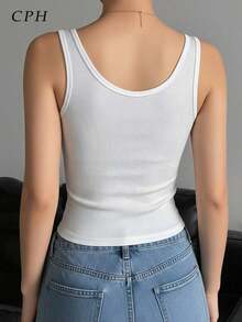 Women's Slim Fit Ribbed White Tank Top U-Neck Sleeveless Casual Daily Wear - White - View 4