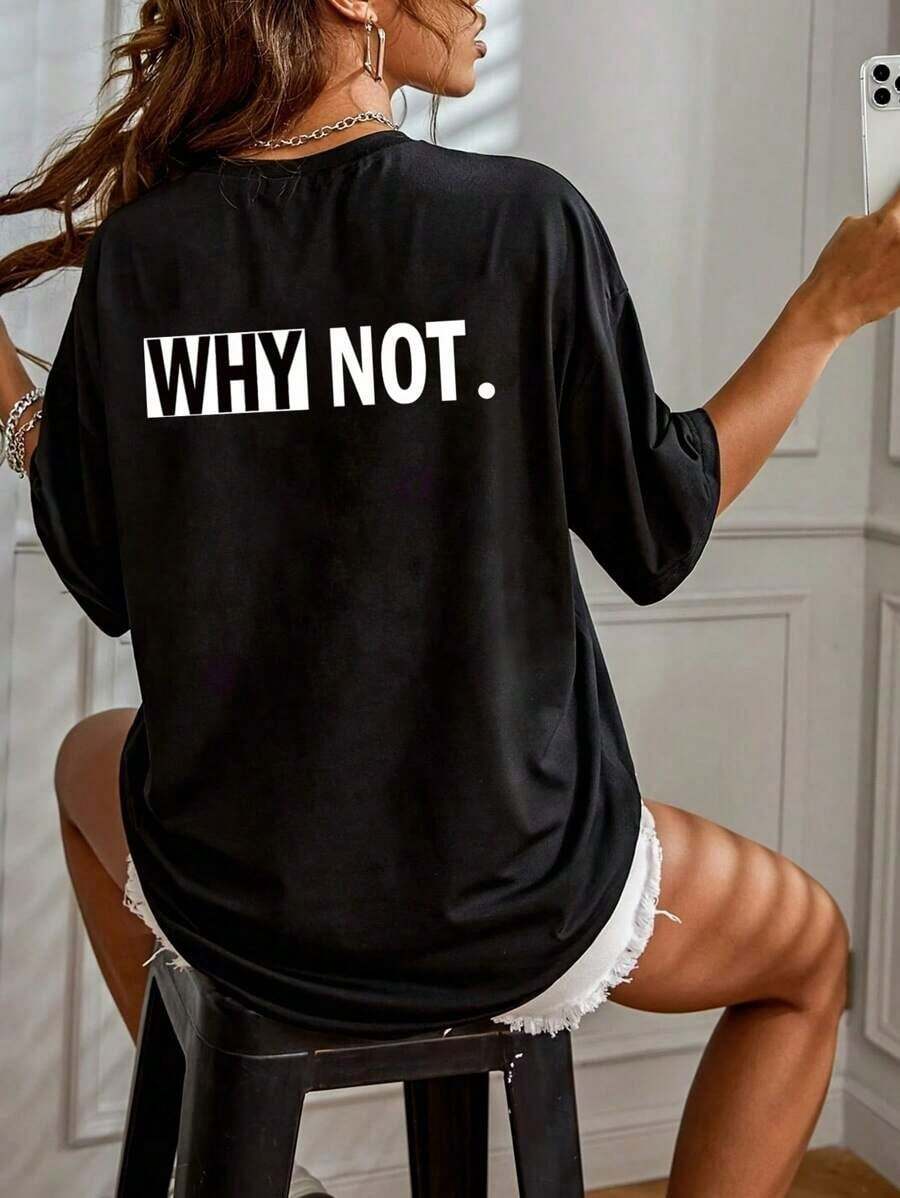 Camiseta Casual de Manga Corta con Cuello Redondo y Estampado Gráfico de Letras para Mujer, de ClassicWhy Not, Adecuada para Todas las Temporadas, Camiseta de Verano - Negro 3 - Ver 1
