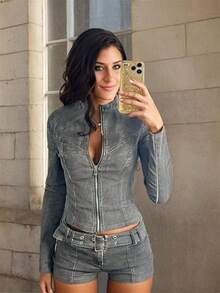Denim Two Piece Set Sexy Baddie Washed Zipper Long Sleeve Slim Fit Cargo Shorts Set Night Out Clubwear Country Concert Outfit Vacation Outfits Women - 深灰色 - 查看 2