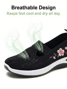 Zapatos casuales de mujer con diseño de bordado de flor de ciruelo y malla, cómodos y duraderos, adecuados para personas mayores y madres para uso diario, caminar y conducir - Negro - Ver 5
