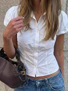 Chemise de campus style Y2K Look Polly pour femmes, chemise décontractée avec boutons devant, Top blanc minimaliste, convient pour la plage, le campus, les vacances et les sorties d'été - Blanc - Voir 10
