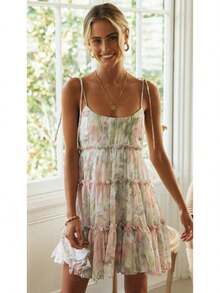 KZKZWK Floral Print Cami Mini Dress, Tiered Ruffle Hem, Casual Vacation Sundress - 粉綠 - 查看 12