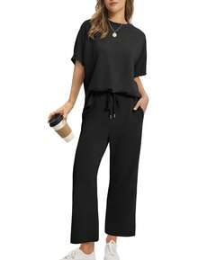 Women's Two Piece Set Round Neck Top And Cropped Wide Leg Pants Oversized Casual Summer Outfit - Black - View 2