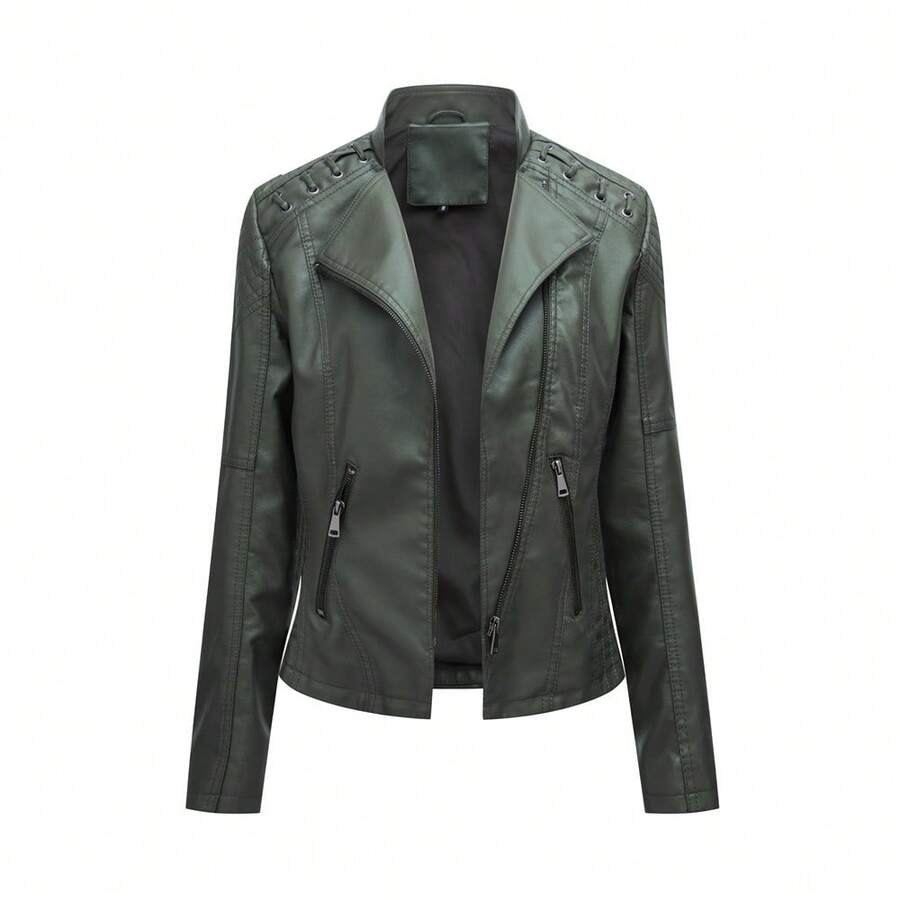 Women's Slim Fit Faux Leather Jacket Short Motorcycle Style Zip Up Casual Spring Autumn Coat - Military Green - View 1
