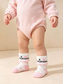 3 pares/set de calcetines para bebé recién nacido, con estampado de "I Love Daddy & Mommy", calcetines con volantes lindos, calcetines de algodón suave para bebés de 0 a 12 meses - Multicolor - Ver 3