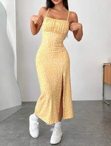 Otoño 2025 Vestido largo Sin tirantes Envoltura en el pecho Abertura alta Estampado de leopardo y margaritas Falda envolvente Vestido largo - Rosa - Ver 3