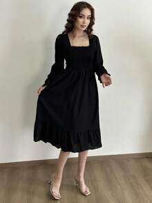 Vestido informal de manga larga para mujer, Vestidos de gasa para otoño y primavera, corte en A, estampado Floral, elástico en el pecho, con cordones, por debajo de la rodilla - Negro - Ver 5
