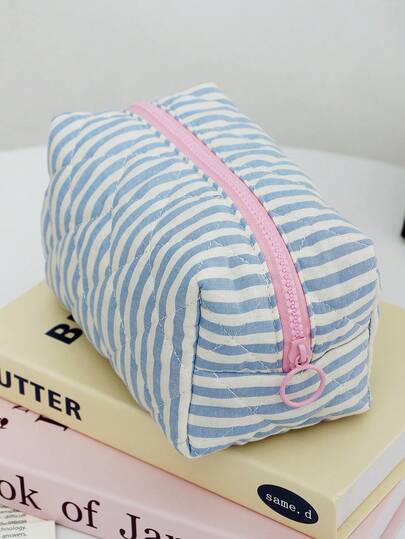 Bolsa de cosméticos a cuadros de rombos azules, bolsa de tocador de gran capacidad para llevar en la mano, organizador portátil de maquillaje para viajes, estuche para bolígrafos, bolsa de almacenamiento multifuncional, regalo perfecto para vacaciones