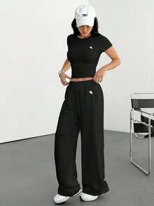 wear Set de 2 prendas de punto ajustadas bordadas para mujer, blancas de verano - Negro - Ver 5
