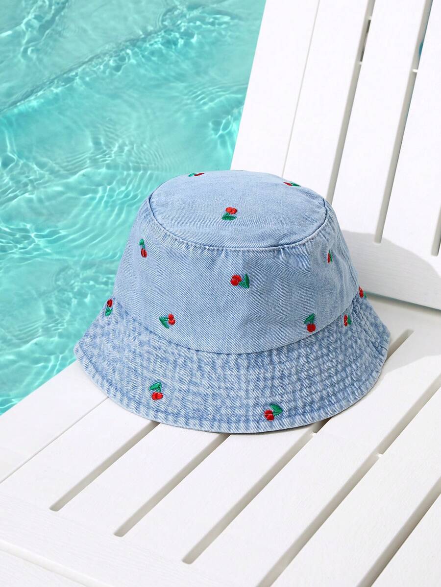 1pc Women's Cute Casual Y2K Style Fashionable Distressed Fruit & Daisy Embroidered Denim Fabric Bucket Hat, Suitable For Outing, Beach, Daily Wear - Embroidery - View 1