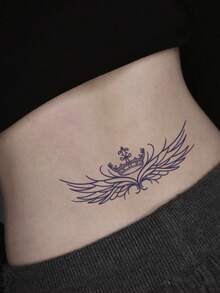 1pc Crown & Wing Line Drawing Temporary Tattoo, Waterproof & Long-Lasting, Suitable For Collarbone/Chest Decoration, INS Style - Black - View 3