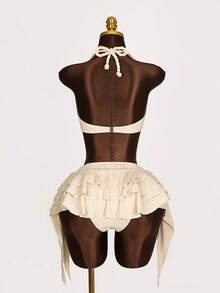 Conjunto de traje de baño de 3 piezas para mujer con top bandeau de unicolor, cuello alto fruncido y bajo fruncido, hecho de tela especial trenzada - Beis 2 - Ver 2