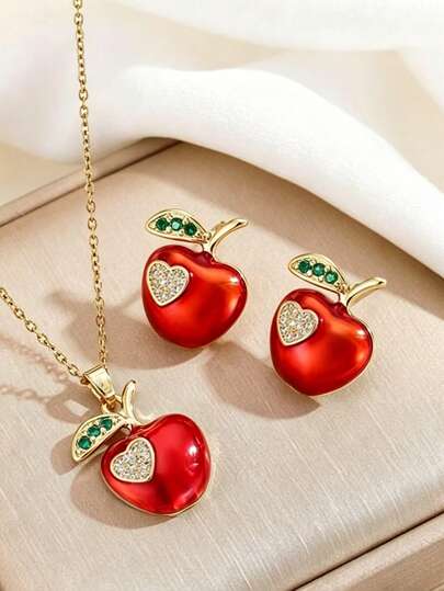 Bộ dây chuyền và bông tai hình trái tim giọt dầu mới về, làm từ quả táo, sang trọng và thời trang.