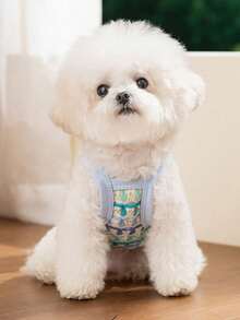 1件小型犬背带背心，轻便透气，高弹镂空针织面料，彩色拼接肩带，3D手工花朵装饰设计，带牵引绳扣，柔软舒适，易于穿脱，适合春夏日常穿着/生日/节日派对，狗狗服装。 - 彩色 - 查看 8