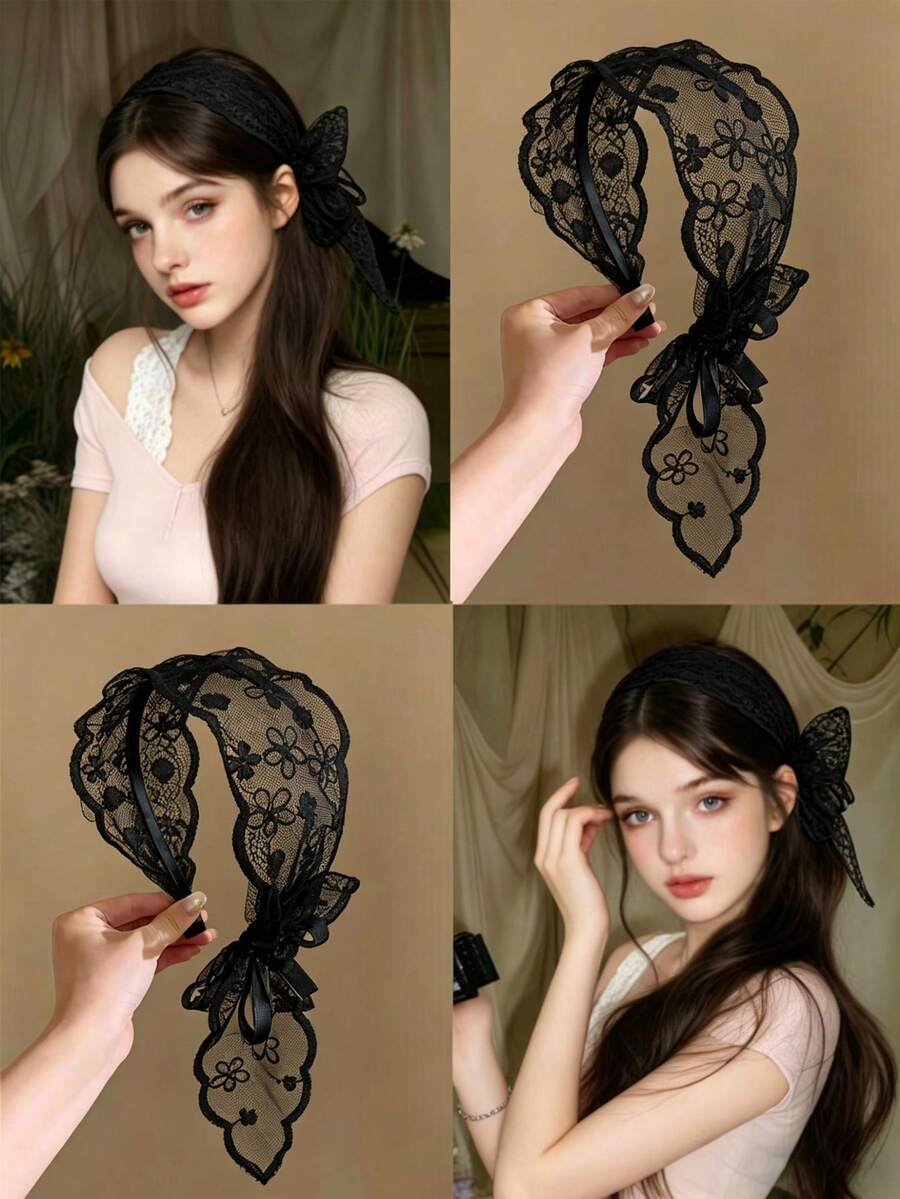 1 chiếc băng đô ren đen kiểu cổ tích dành cho nữ, chất liệu mút siêu mềm, phù hợp cho mùa thu/đông, kiểu dáng thời trang, đa năng, thanh lịch, tối giản, thích hợp để đeo hàng ngày, tắm, trang điểm, phối đồ (họa tiết thêu hoa được sắp xếp ngẫu nhiên), dự lễ hội, tiệc tùng. - màu đen - Xem 1