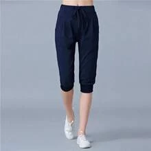 Pantalones bombachos de cintura alta para mujer, pantalón de chándal holgado elástico, longitud hasta la pantorrilla, Capris de verano - azul oscuro - Ver 1