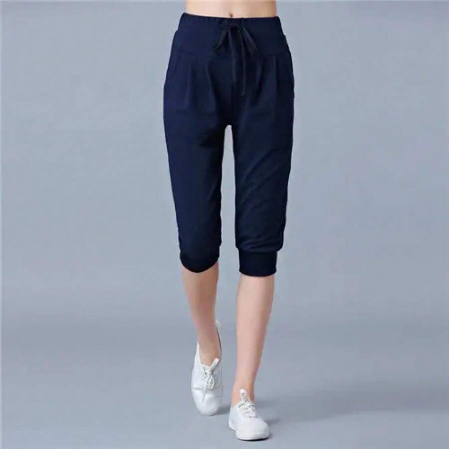 Pantalones bombachos de cintura alta para mujer, pantalón de chándal holgado elástico, longitud hasta la pantorrilla, Capris de verano - azul oscuro - Ver 1