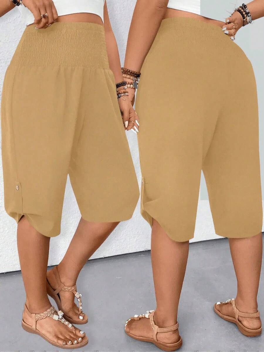 Pantalones de pierna recta versátiles para ir al trabajo con botones de Color sólido informales a la moda de talla grande 1XL-5XL para mujer - Caqui - Ver 1