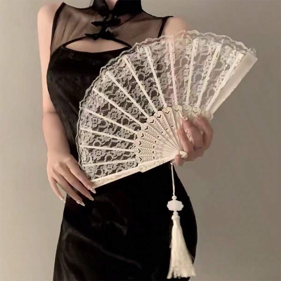 女士白色手持折叠扇,配银色樱花流苏,时尚舞扇,露营旅行必备 - 白色 - 查看 1