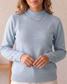 Women's Basic Winter Knit Sweater, Long Sleeve, Plain Knit, High Neck, Casual - 淺藍色 - 查看 3
