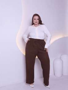 Women's Plus Size Pants In Premium Wool Knit Fabric With Tie Detail And Side Pockets, Sizes GG To G6 - 鏽棕色 - 查看 1
