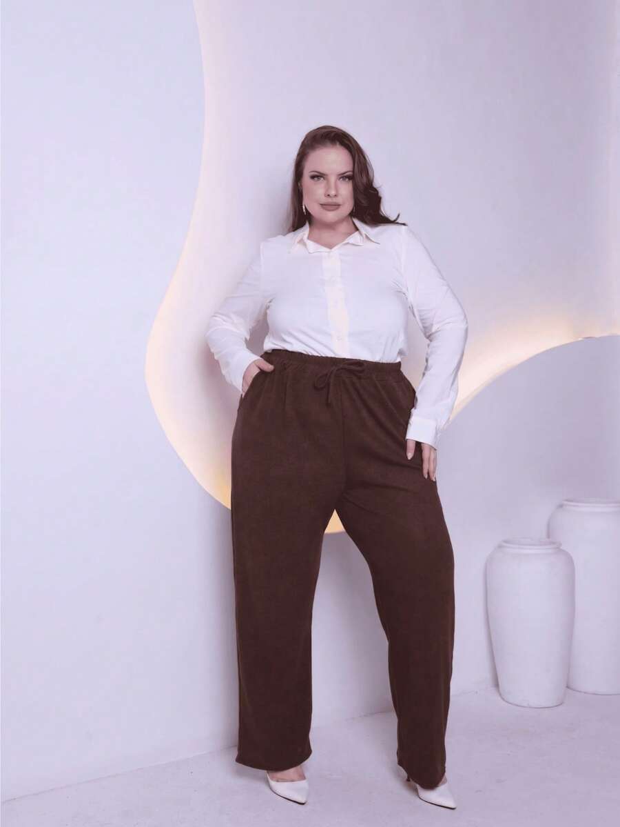 Women's Plus Size Pants In Premium Wool Knit Fabric With Tie Detail And Side Pockets, Sizes GG To G6 - 鏽棕色 - 查看 1