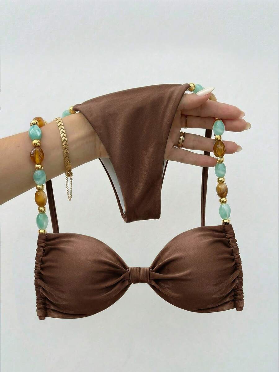 Bikinx Bộ bikini nữ thanh lịch kiểu yếm hở lưng đính ngọc trai, đồ bơi phong cách bohemian cạp cao với chi tiết buộc dây và chất liệu co giãn, thích hợp cho kỳ nghỉ.