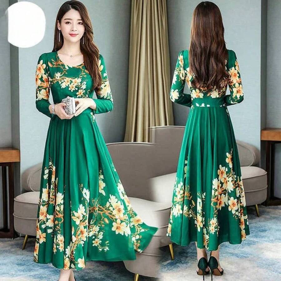 Elegante Vestido Midi con Estampado Floral, Talla Grande, Manga Larga, Estilo Coreano, Moda Femenina, Vestido de Primavera, C... - Manga larga verde - Ver 1