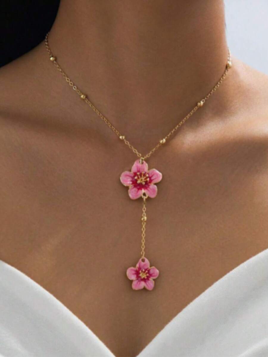 1件手工扎染粉色五瓣花吊坠项链，适合女性佩戴（不含礼盒。由于手工裁剪，珠链数量随机，但长度固定，不影响最终佩戴效果），优雅，节日氛围 - 粉色 - 查看 1