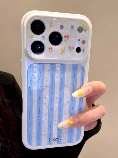 Luxury Shiny Cute Shell Pattern Blue Striped Lens Design Phone Case Suitable For IPhone 17 Pro Max 16 15 14 Pro Max, Fresh Spring/Summer Sweet Floral Creative Large Window Thick Frame Shockproof Protective Case, Ideal Gift For Girls And Friends